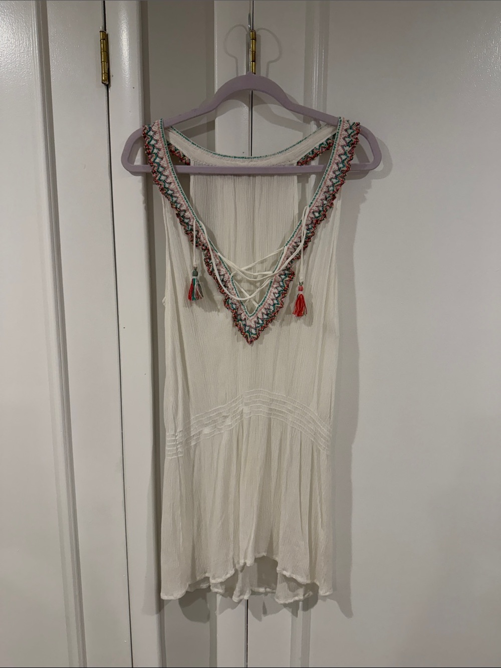 BECCA White Swim Coverup with Multicolor Embroidered Neckline